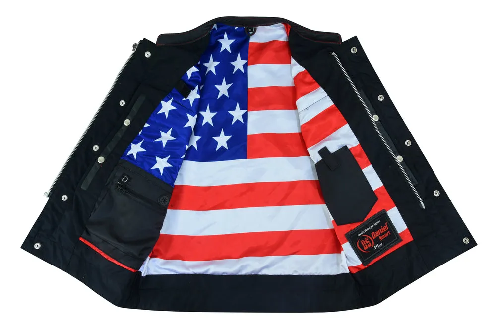 DS165 Men's LEATHER VEST WITH RED STITCHING AND USA INSIDE FLAG LININ