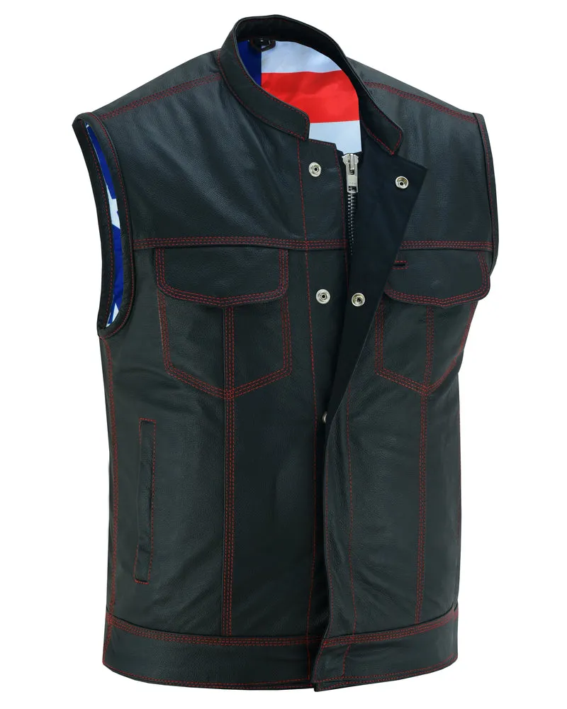 DS165 Men's LEATHER VEST WITH RED STITCHING AND USA INSIDE FLAG LININ