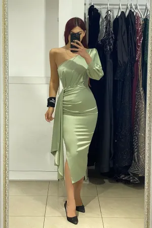 Elegant Tea Length One Shoulder Satin Column Prom Dress