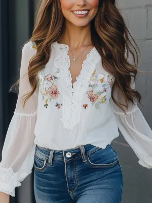 Floral Printed Lace Vintage Blouse