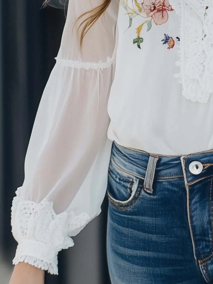 Floral Printed Lace Vintage Blouse