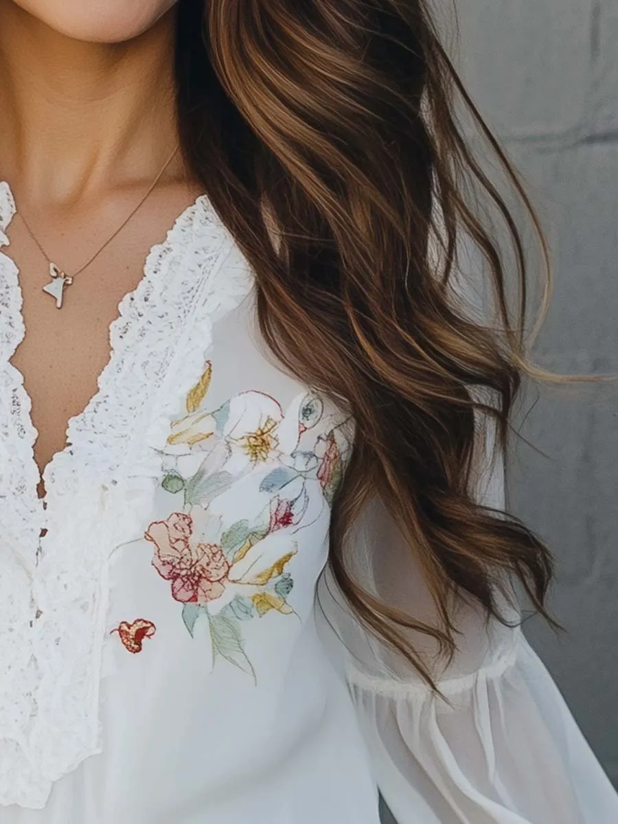 Floral Printed Lace Vintage Blouse