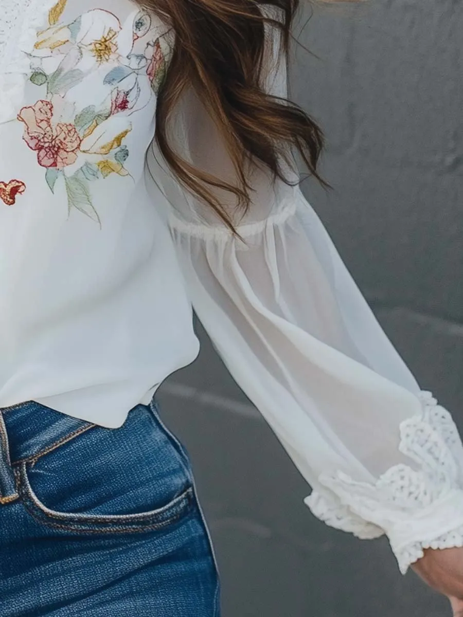 Floral Printed Lace Vintage Blouse