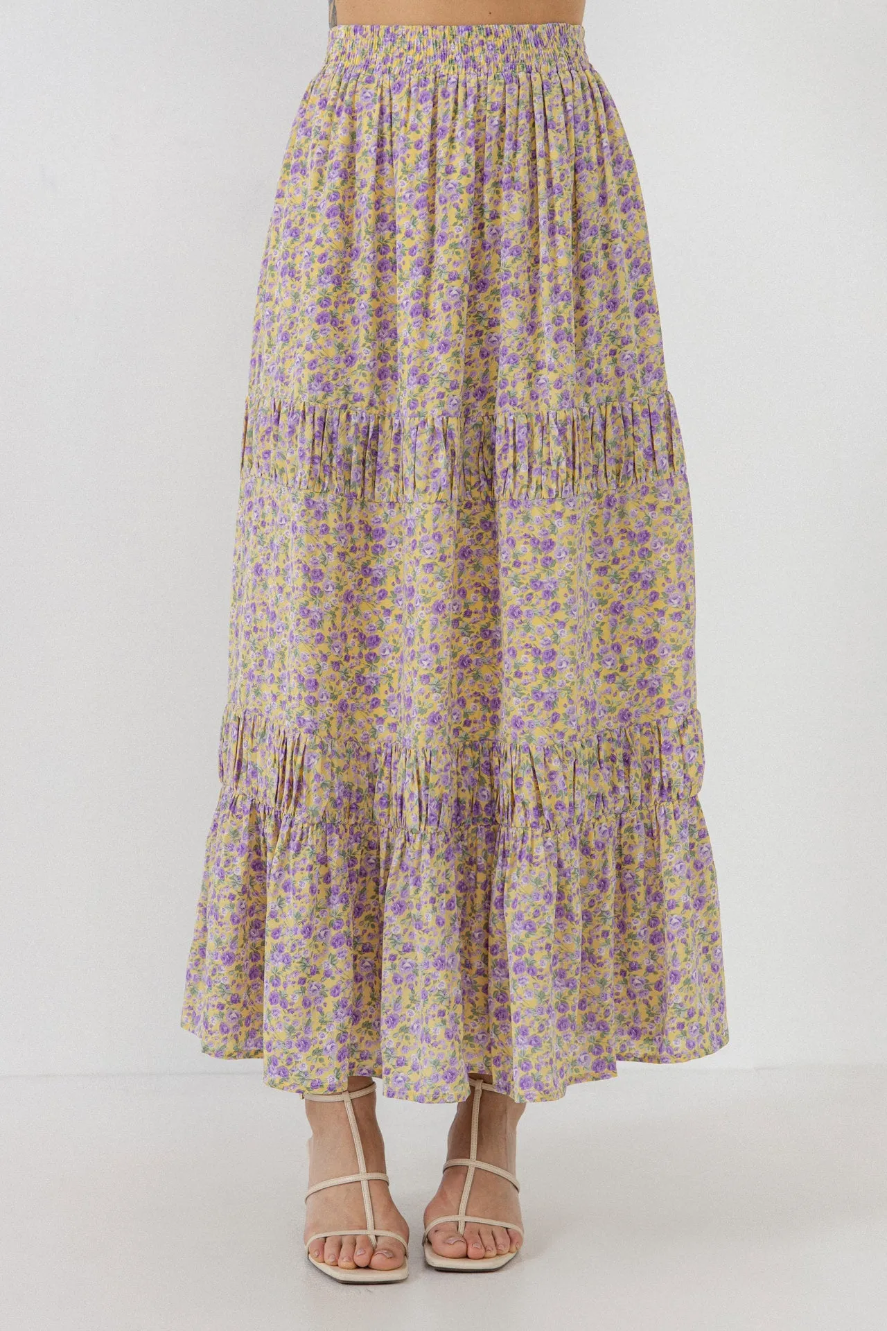 Floral Shirring Detail Long Skirt