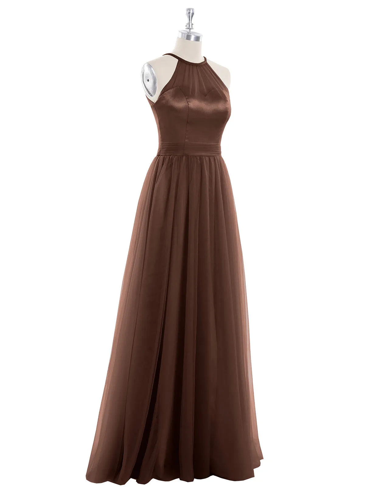 Illusion Neckline Long Tulle Dress-Chocolate Plus Size