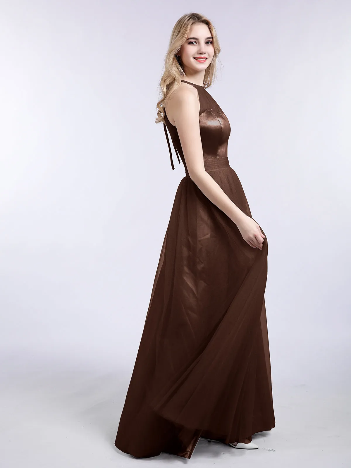 Illusion Neckline Long Tulle Dress-Chocolate Plus Size