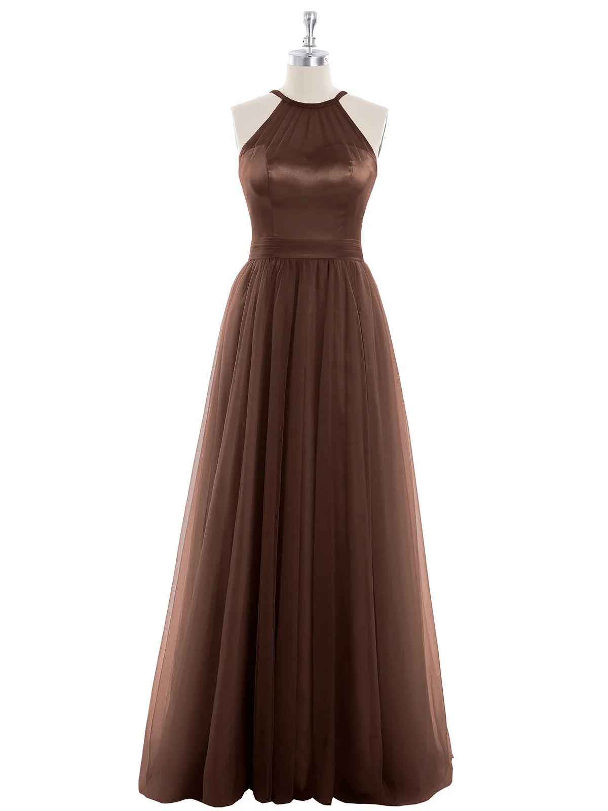 Illusion Neckline Long Tulle Dress-Chocolate Plus Size