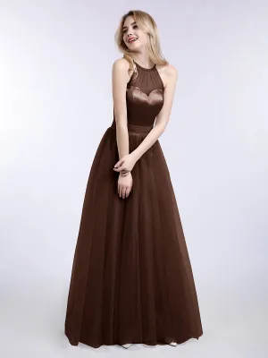 Illusion Neckline Long Tulle Dress-Chocolate Plus Size