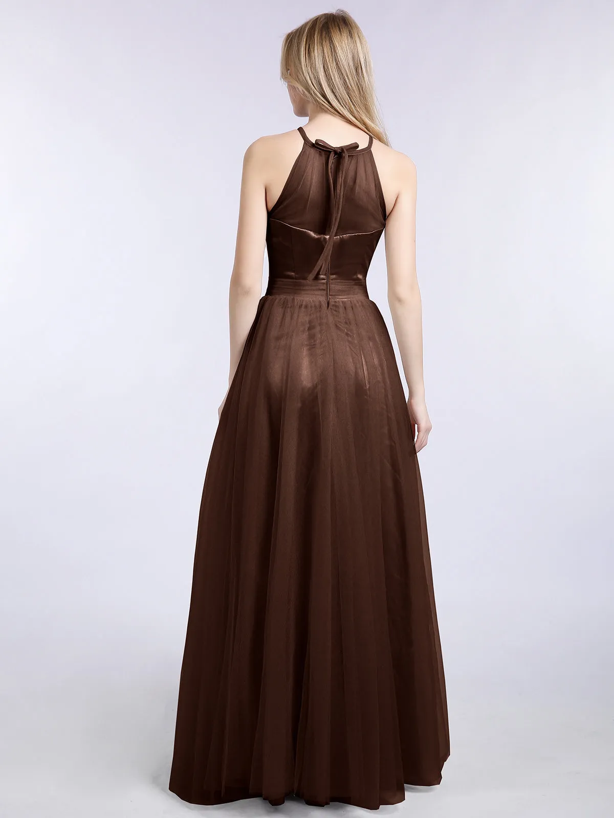 Illusion Neckline Long Tulle Dress-Chocolate Plus Size