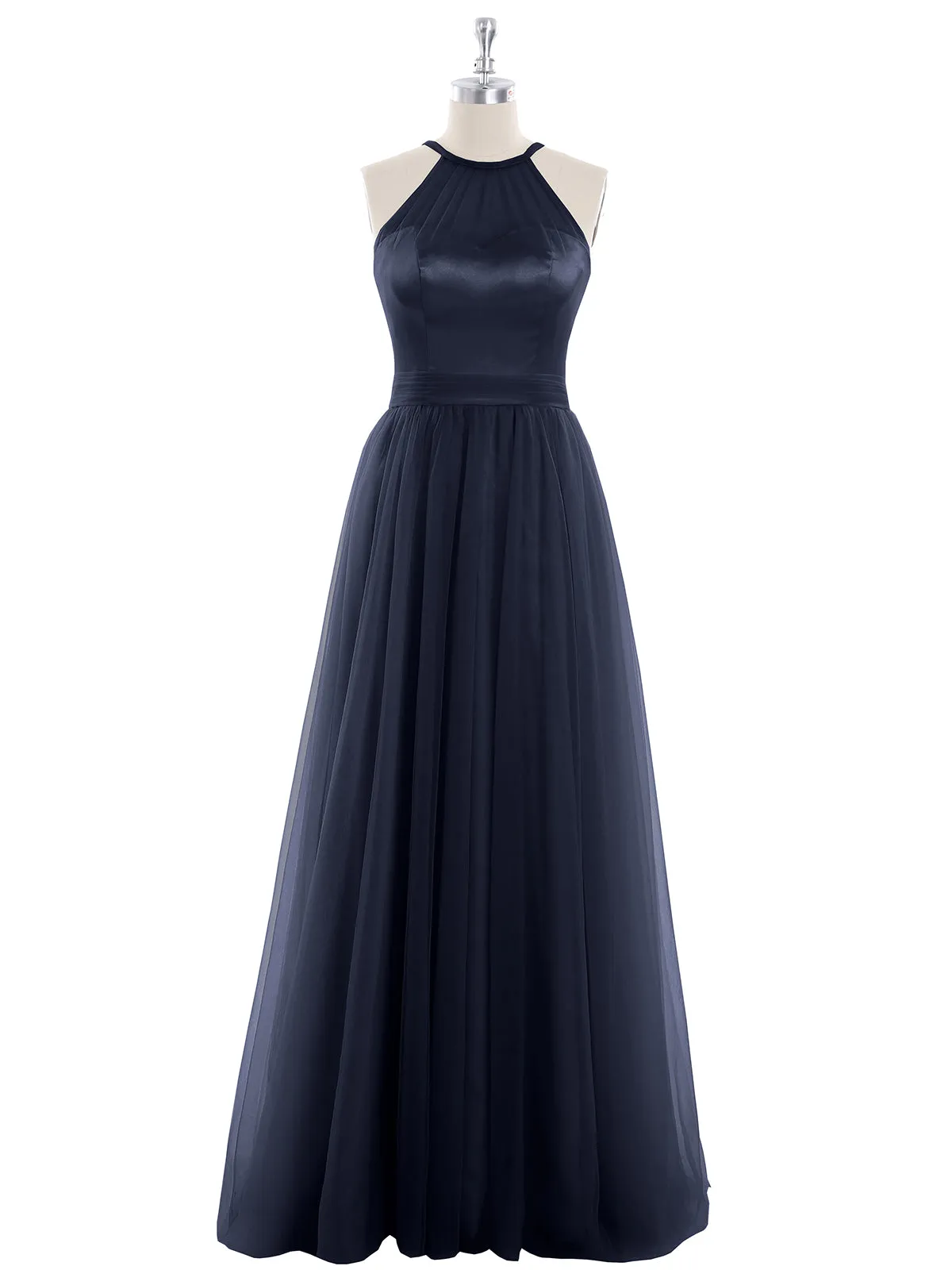 Illusion Neckline Long Tulle Dress-Dark Navy Plus Size