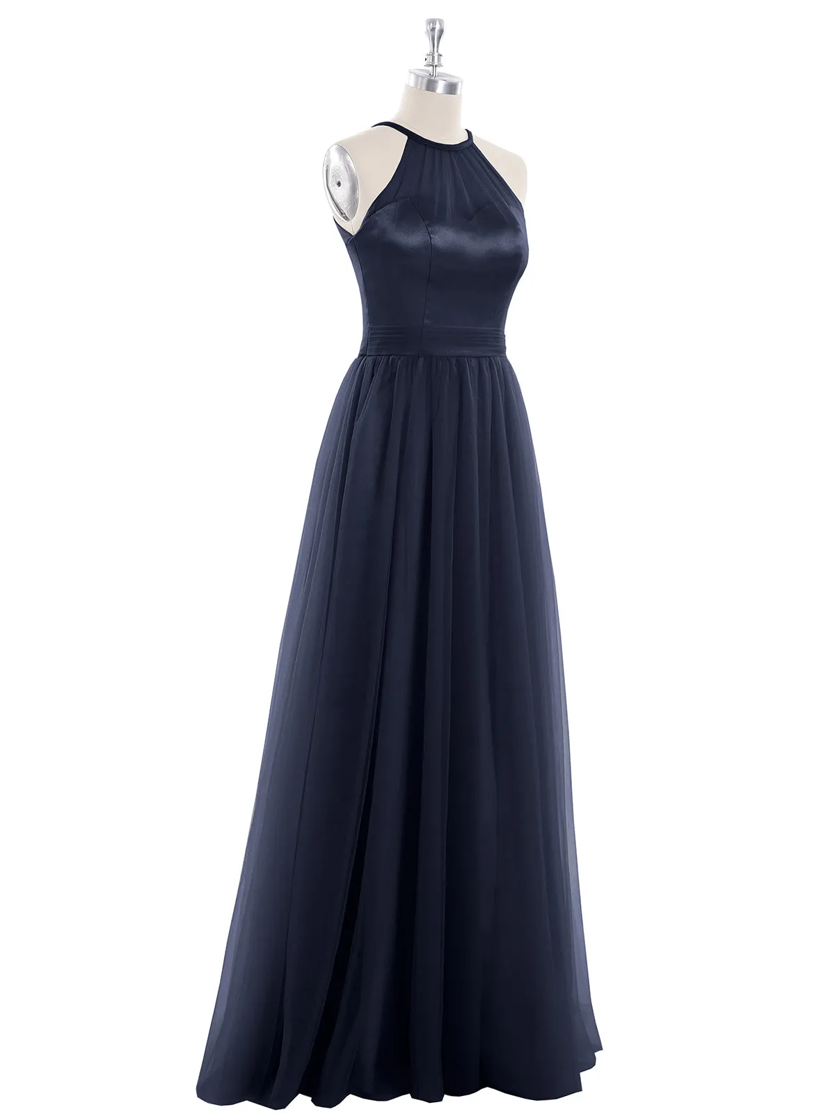 Illusion Neckline Long Tulle Dress-Dark Navy Plus Size