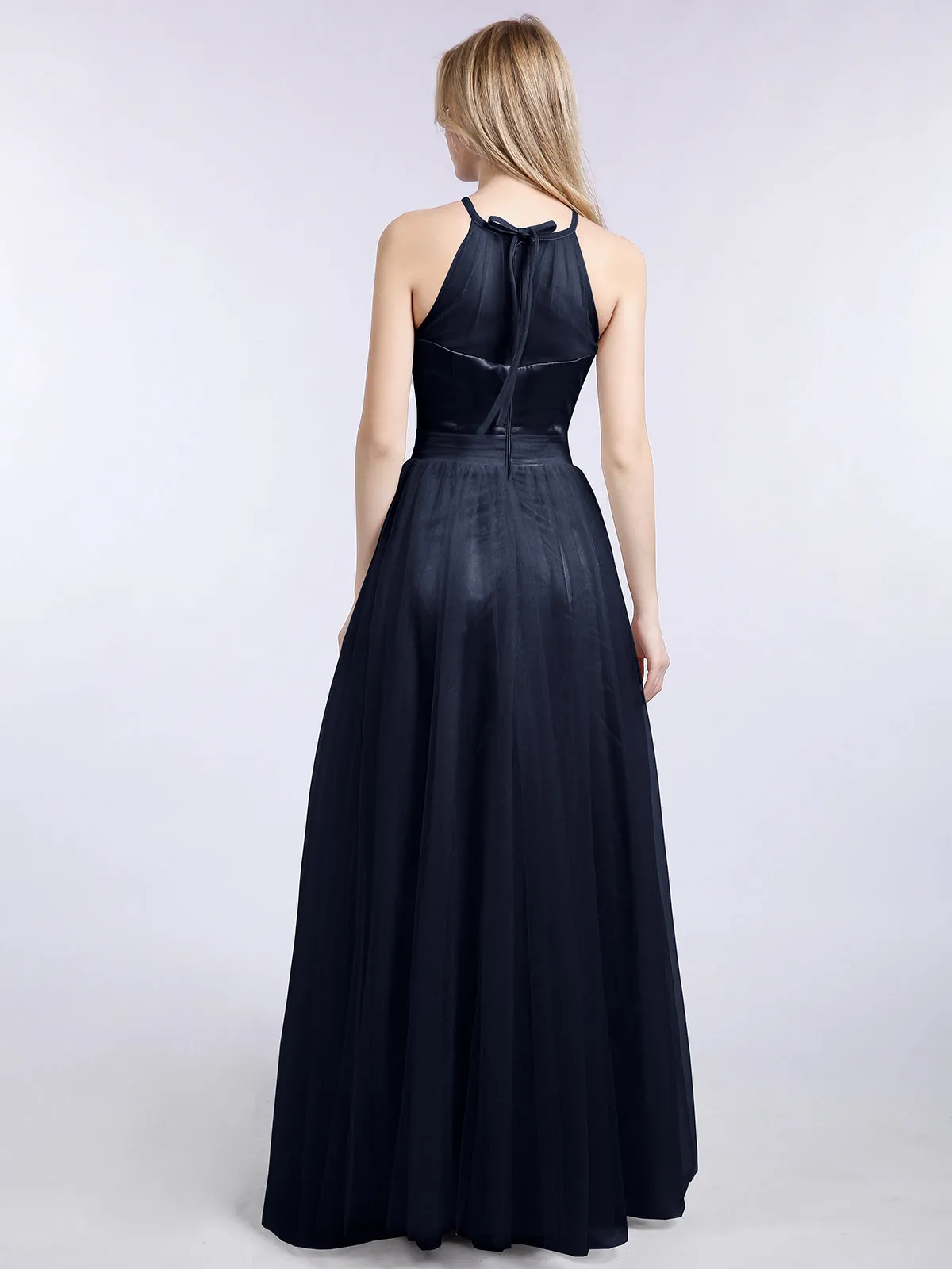 Illusion Neckline Long Tulle Dress-Dark Navy Plus Size