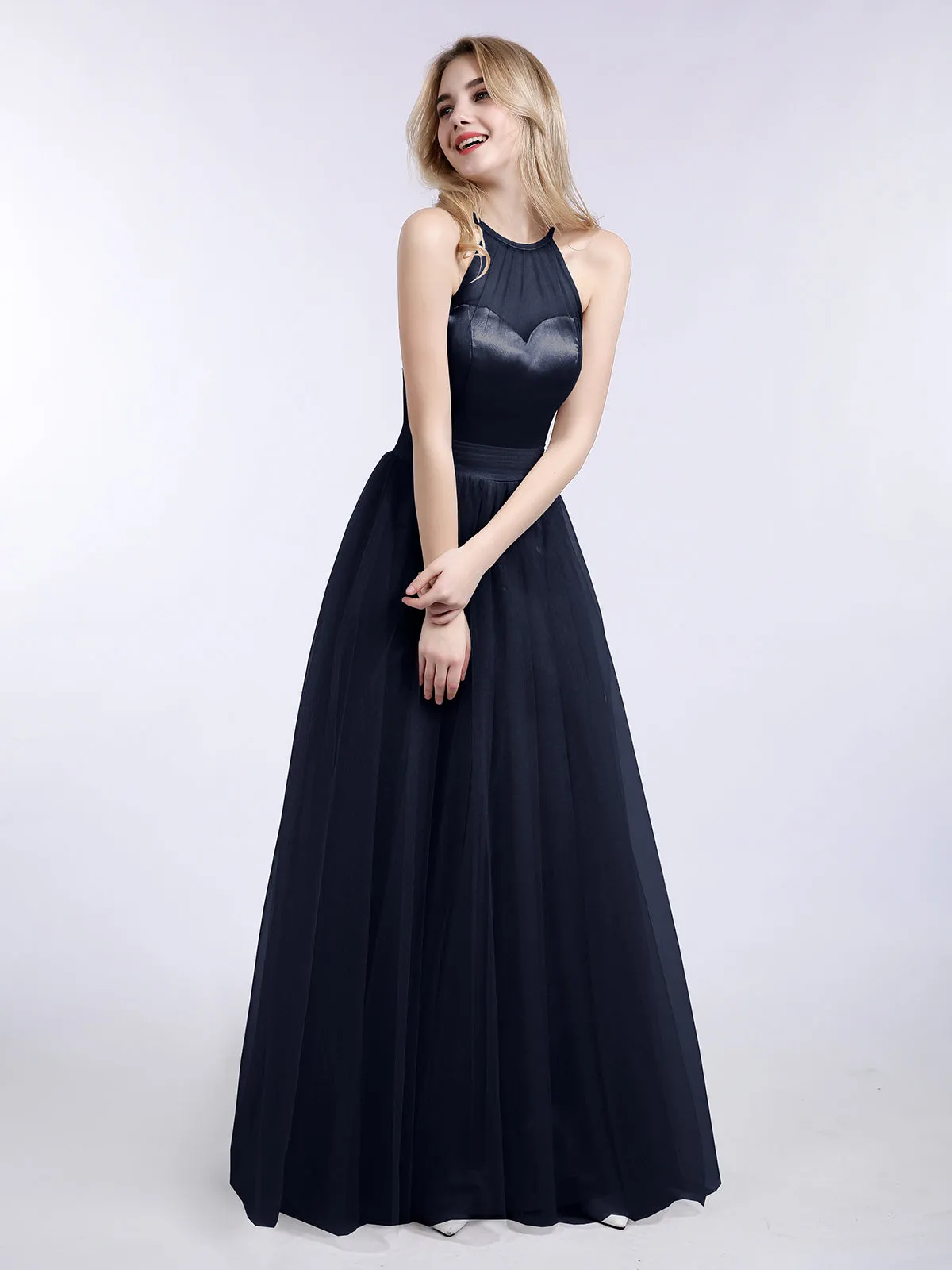 Illusion Neckline Long Tulle Dress-Dark Navy Plus Size