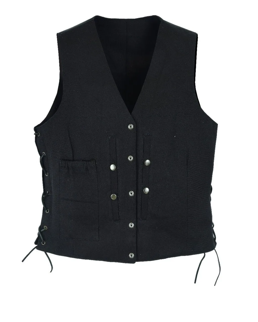 Ladies Black Denim, Side Laces 5 Snap Front Denim Vest