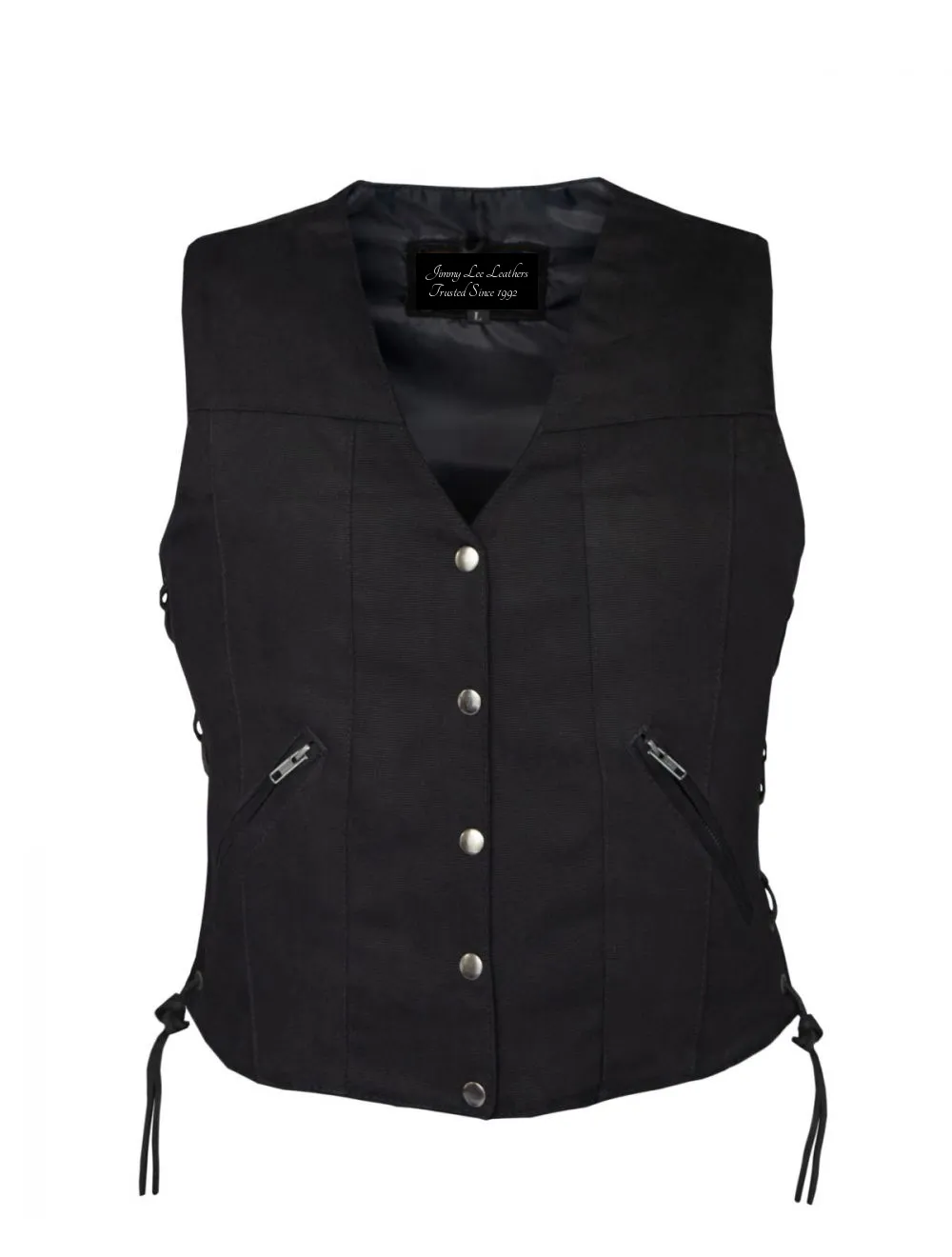 Ladies Black Denim, Side Laces 5 Snap Front Denim Vest