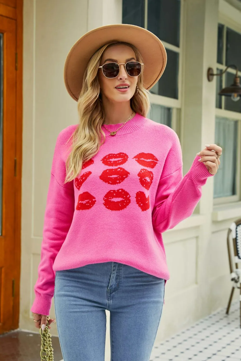 Lip Graphic Slit Dropped Shoulder Sweater