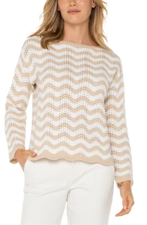 Liverpool Long Sleeve Boat Neck Scallop Hem Sweater (Tan Ivory Stripe)