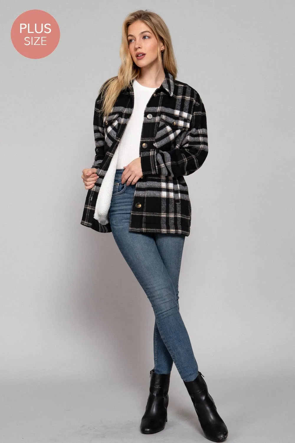 Long Sleeve Inside Faux Fur Brushed Plaid Plus Size Jacket