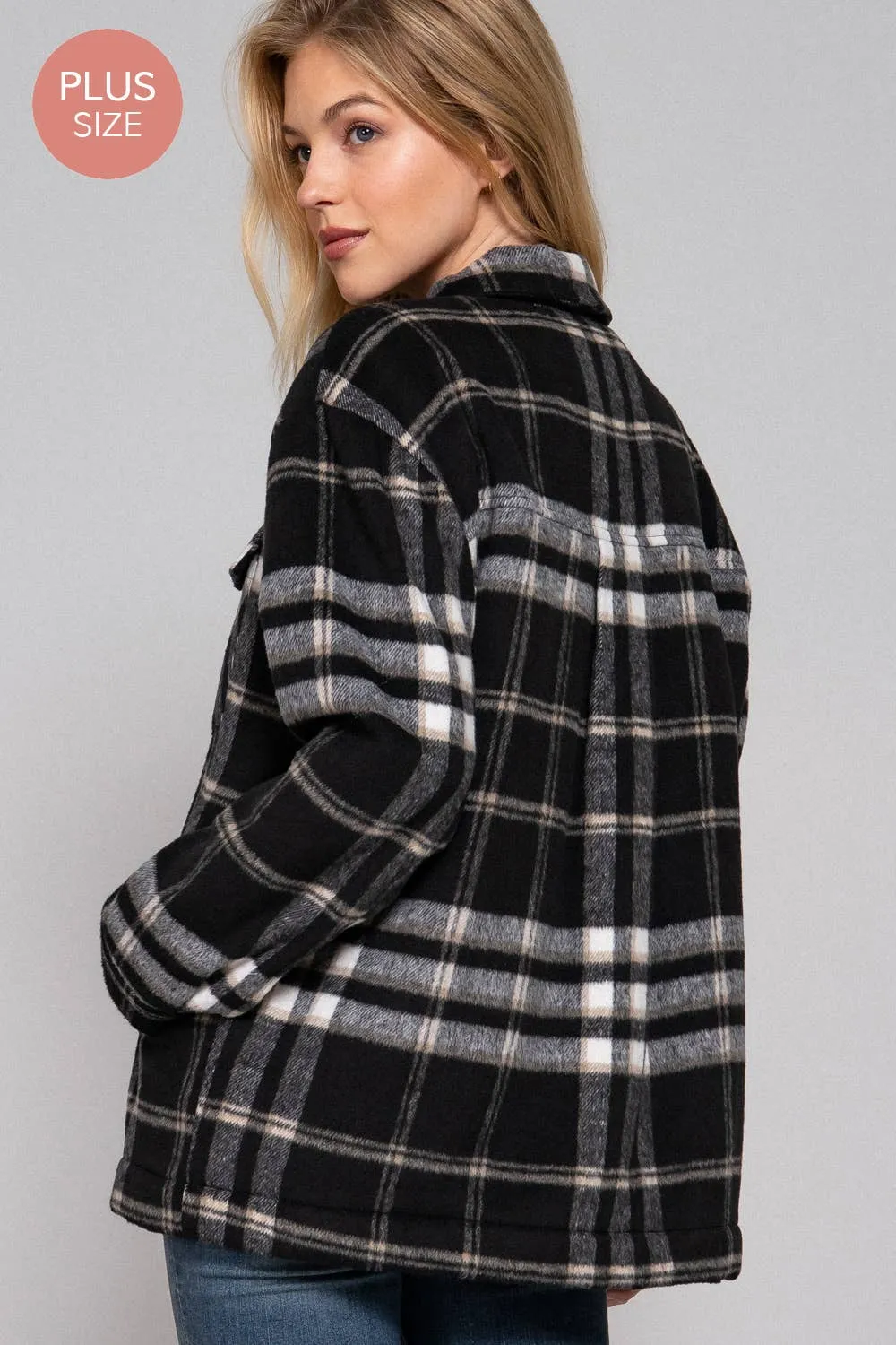 Long Sleeve Inside Faux Fur Brushed Plaid Plus Size Jacket