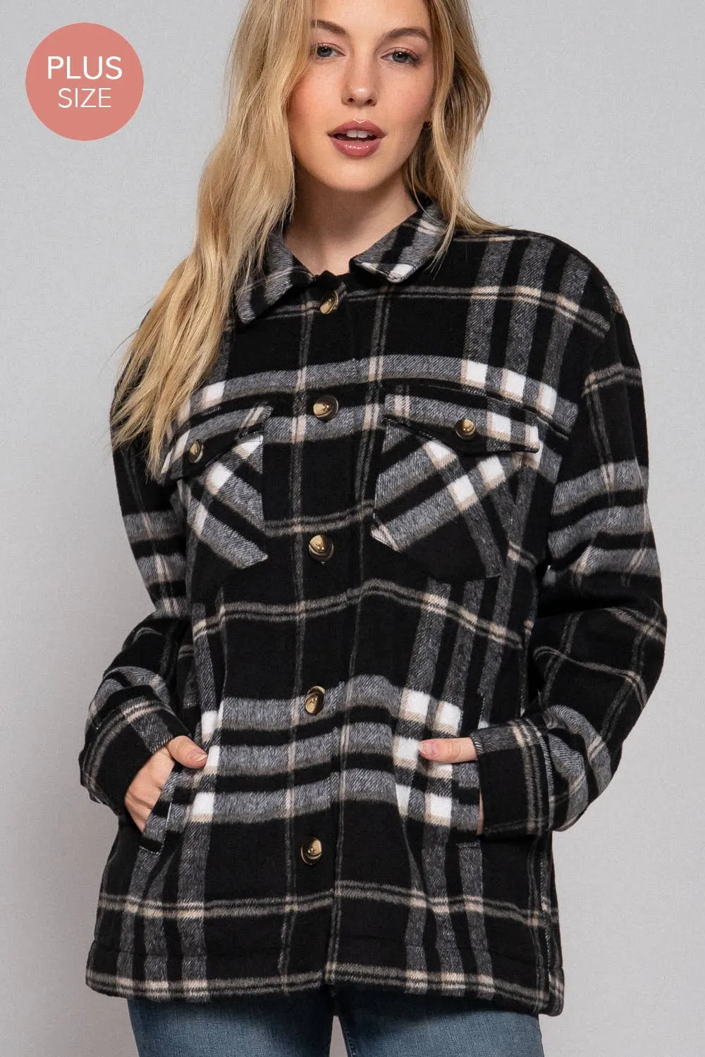 Long Sleeve Inside Faux Fur Brushed Plaid Plus Size Jacket