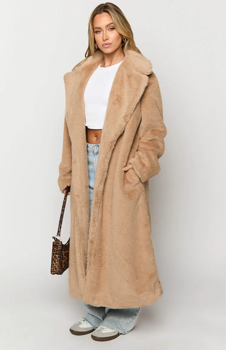 Lyrae Brown Full Length Faux Fur Coat