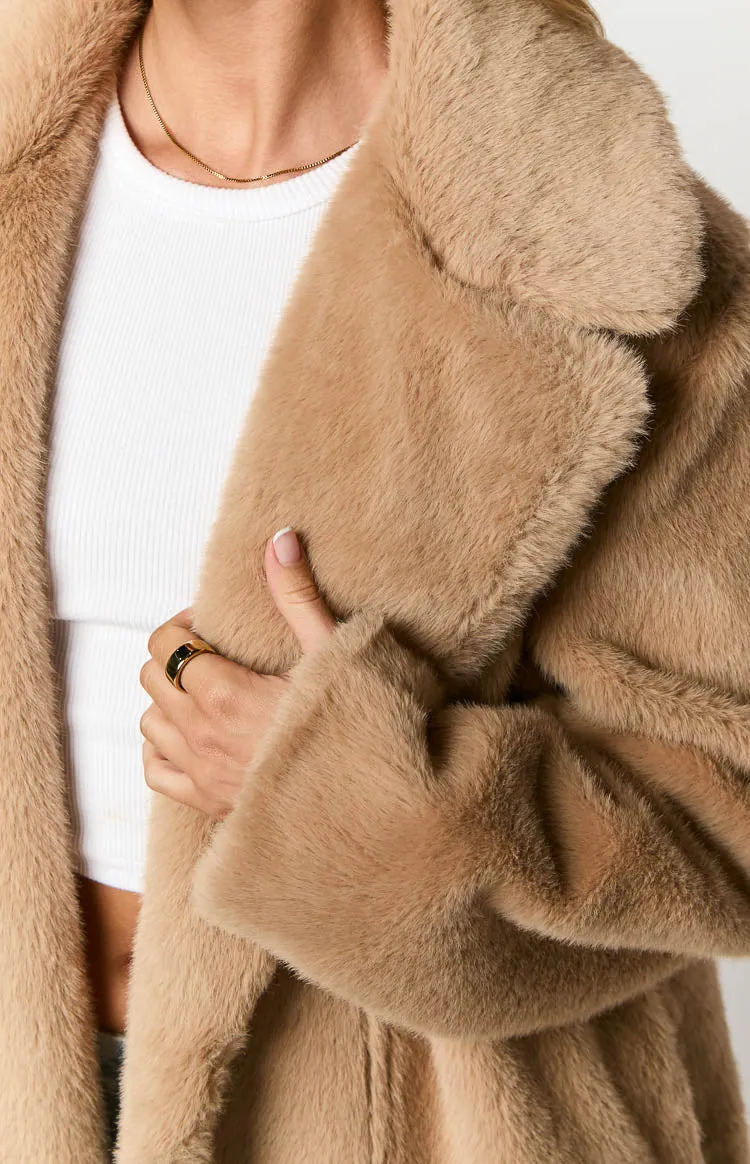 Lyrae Brown Full Length Faux Fur Coat