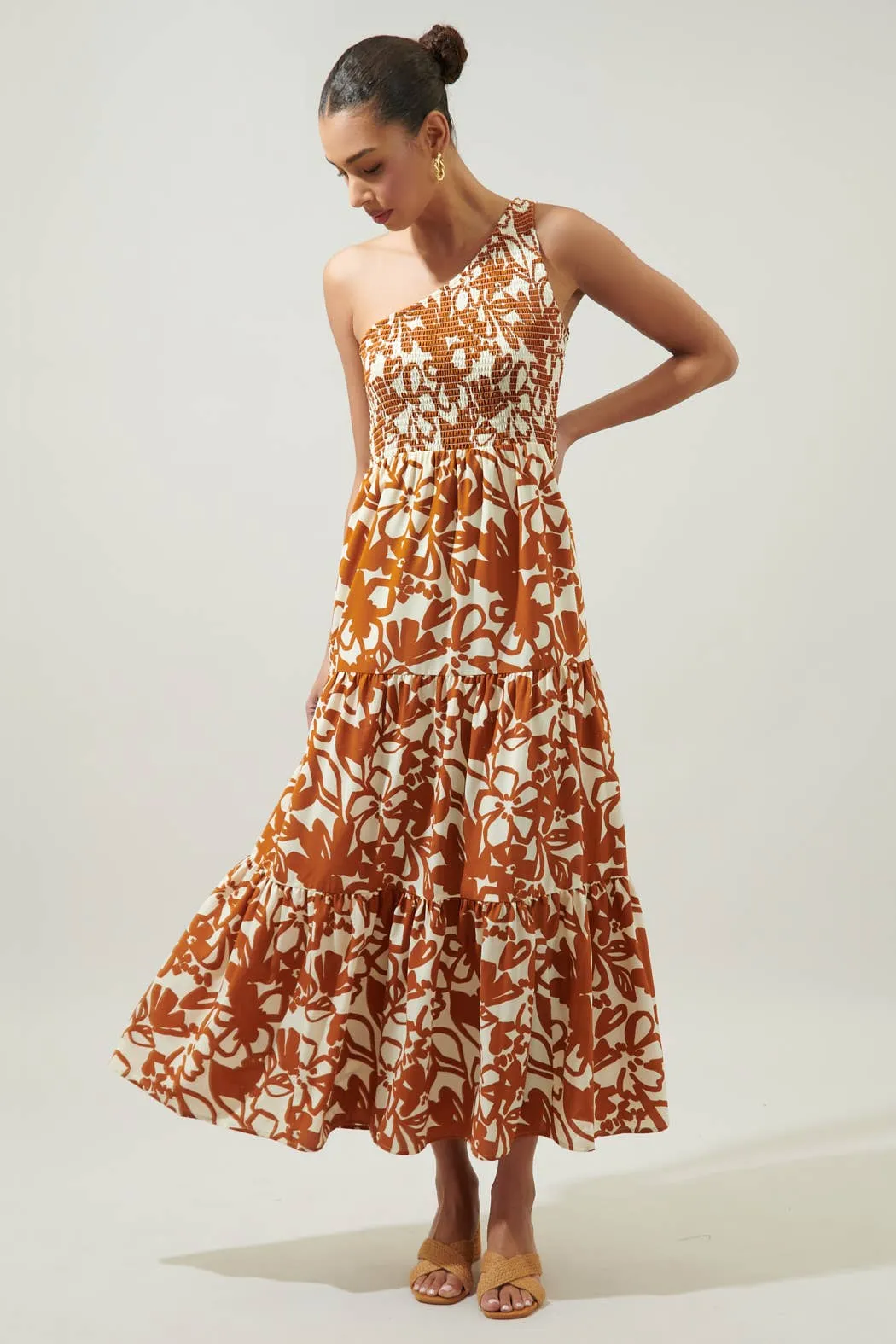 Marida Caramel Floral Smocked One Shoulder Maxi Dress