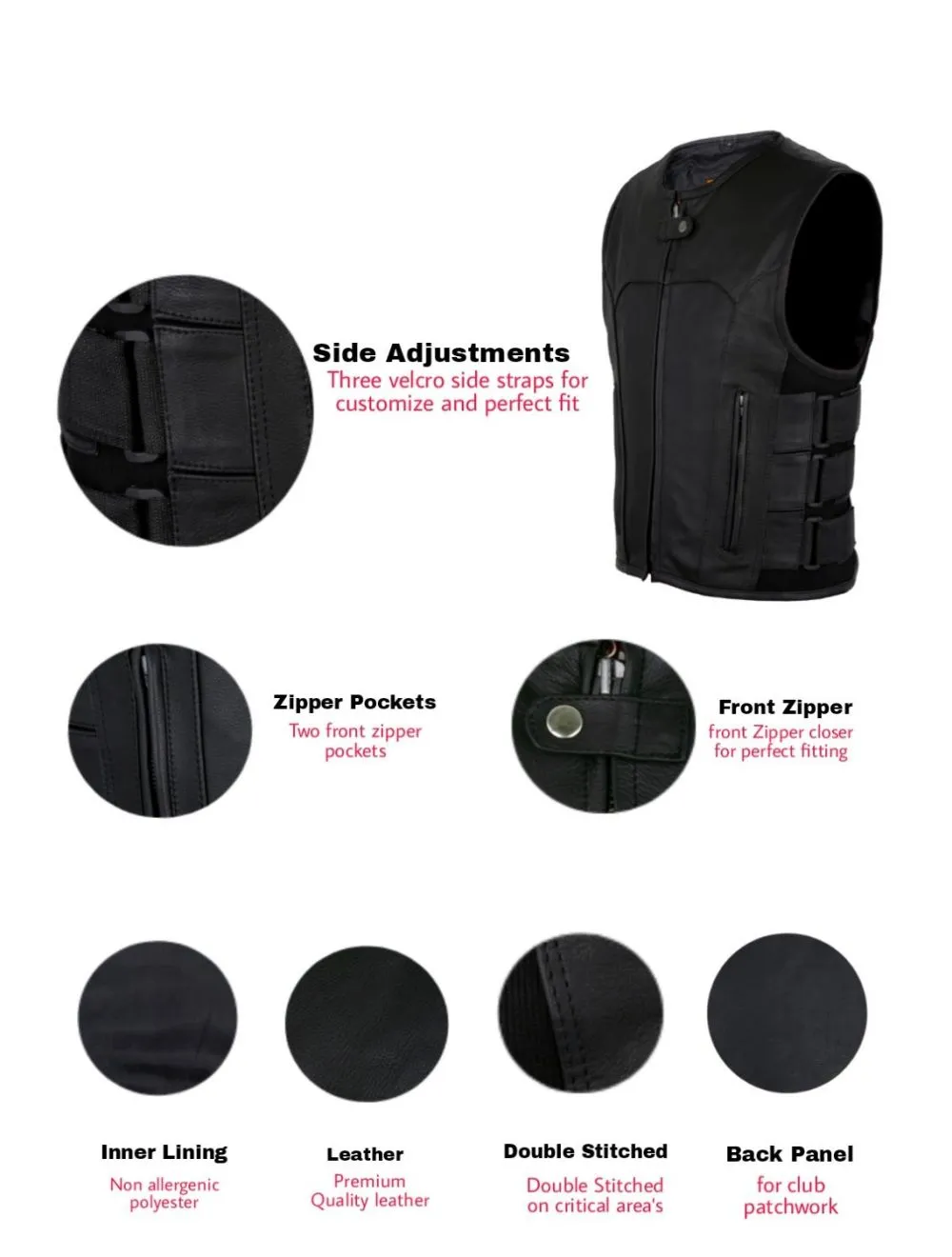 Men's Black Bullet Proof Style Leather Vest with Straps on Side