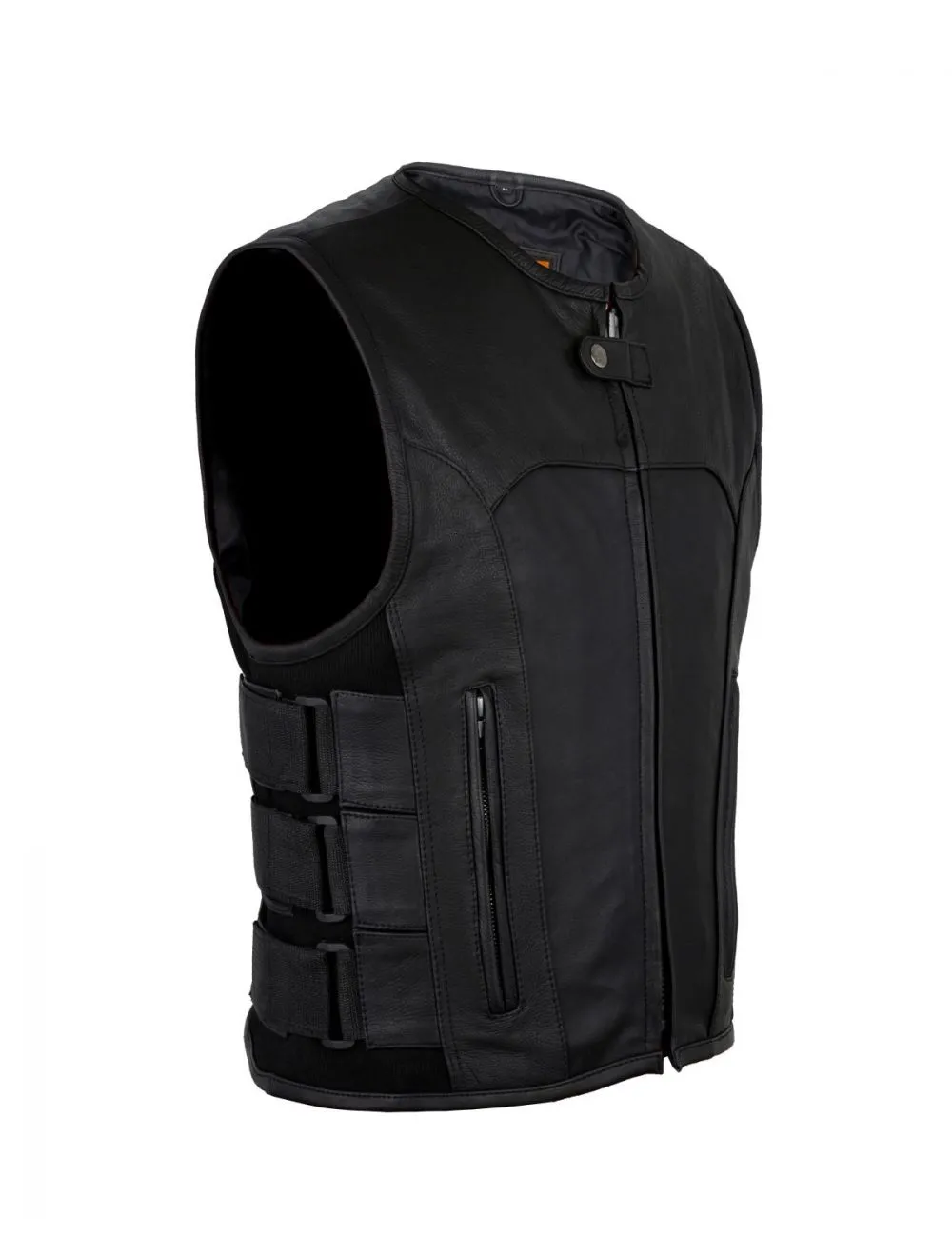 Men's Black Bullet Proof Style Leather Vest with Straps on Side