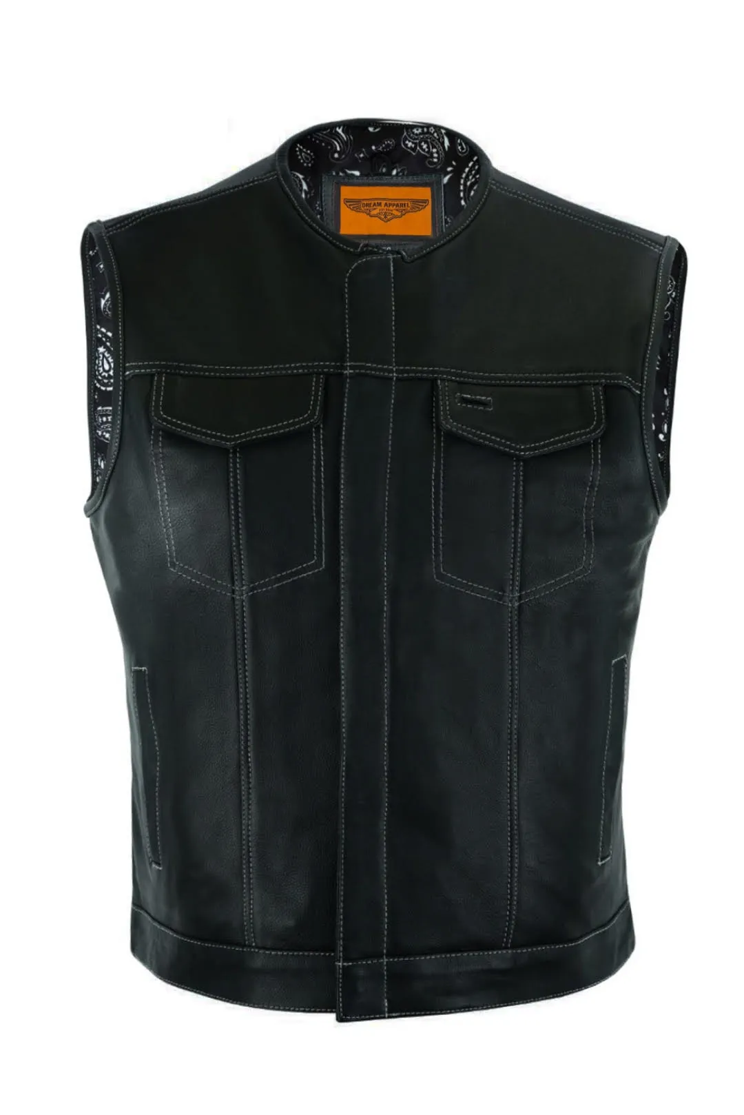 Mens Club Vest® Black Paisley Liner, White Thread Front Zipper Conceal Gun Pockets