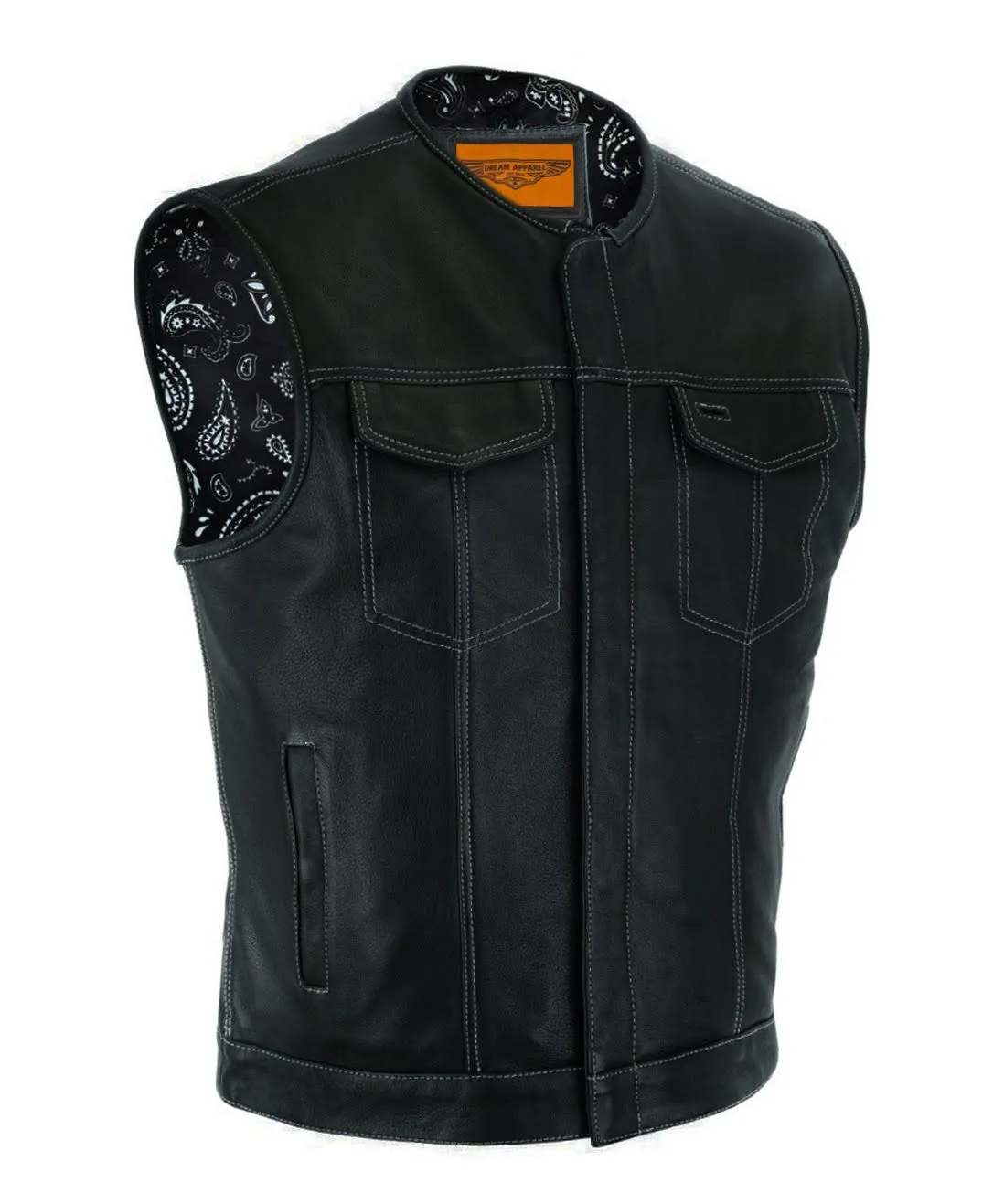 Mens Club Vest® Black Paisley Liner, White Thread Front Zipper Conceal Gun Pockets