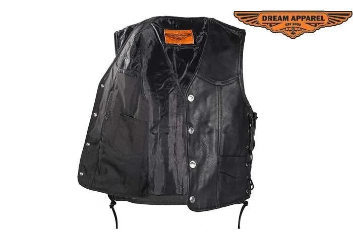 Mens Leather Motorcycle Vest With Buffalo Nickel Snaps