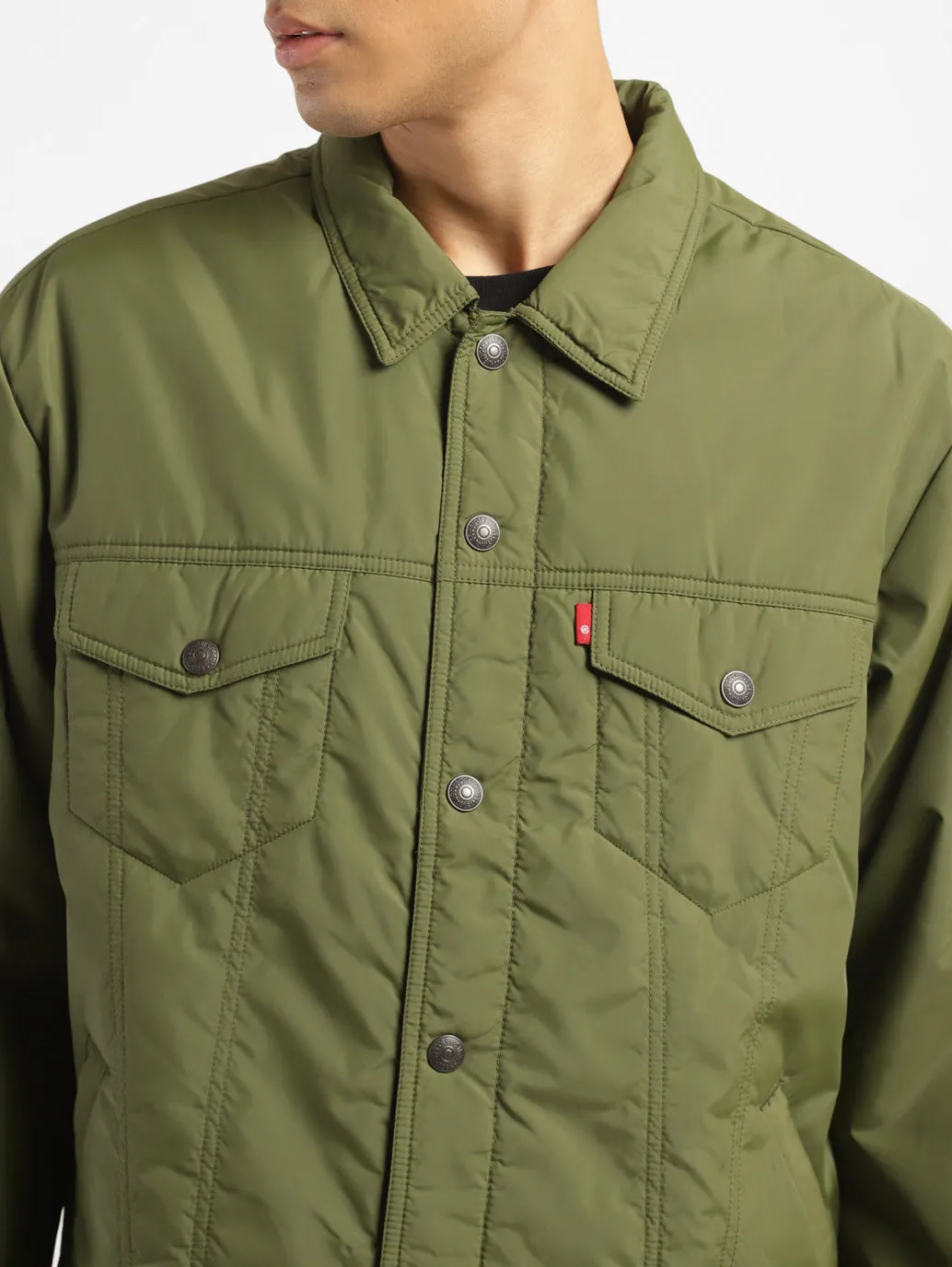 Men's Solid Green Collar Neck Padded Jacket