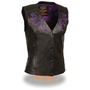 Milwaukee Leather ML1296 Women’s Black  and Purple Vest with Reflective Tribal Design & Piping