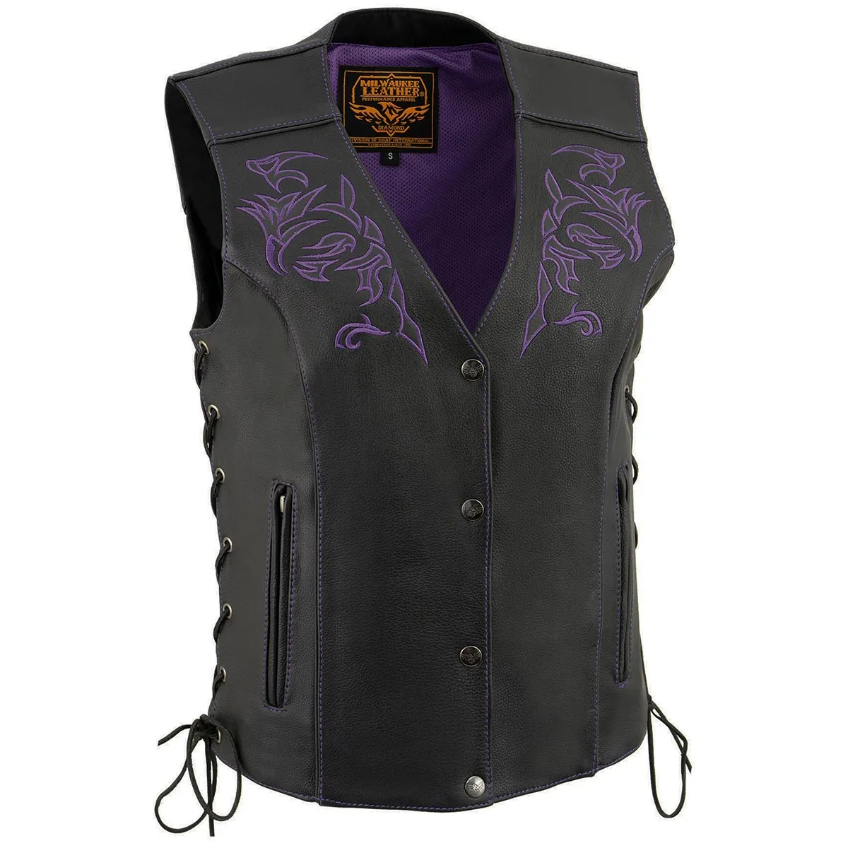 Milwaukee Leather ML1296 Women's Black/Purple Leather Side Laced Motorcycle Vest w/ Reflective Tribal