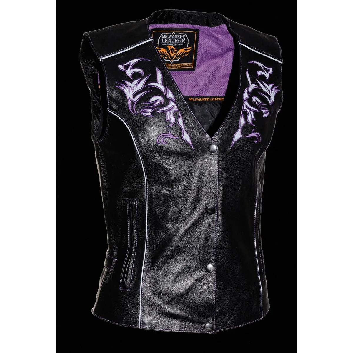 Milwaukee Leather ML1296 Women's Black/Purple Leather Side Laced Motorcycle Vest w/ Reflective Tribal