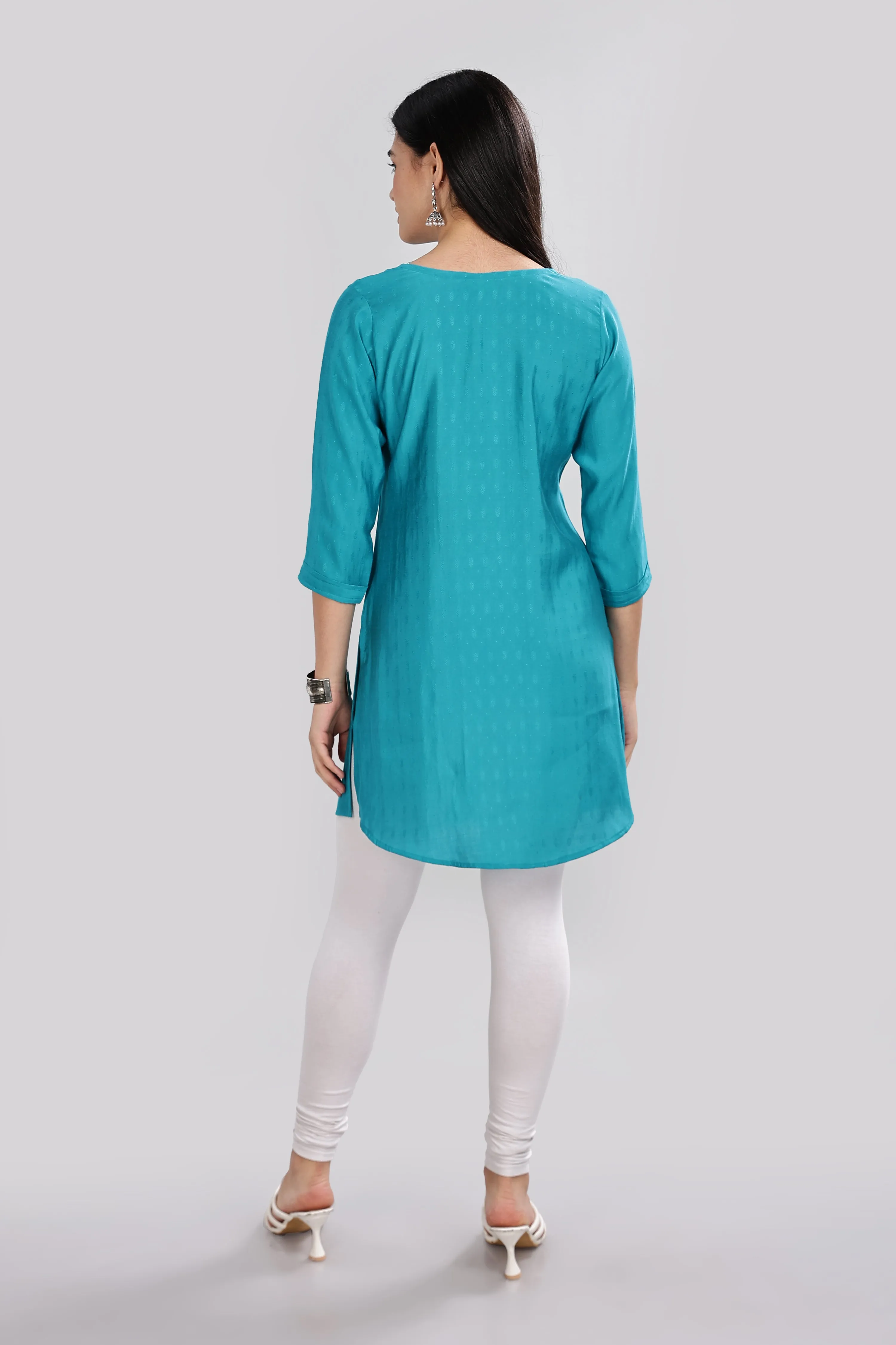 Mythri Round Neck Embroidered Top With 3/4th Sleeve  - Teal - TO17