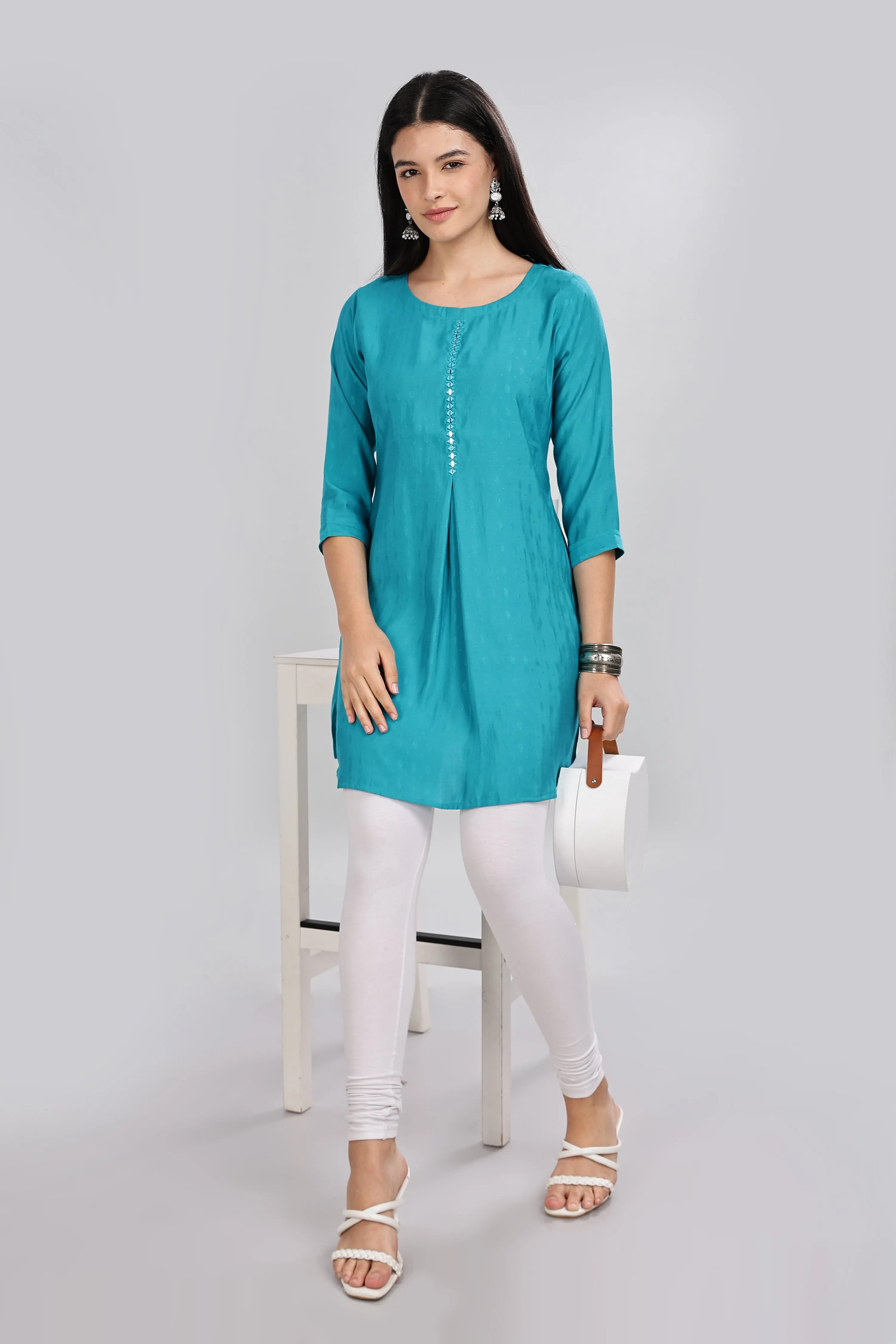 Mythri Round Neck Embroidered Top With 3/4th Sleeve  - Teal - TO17