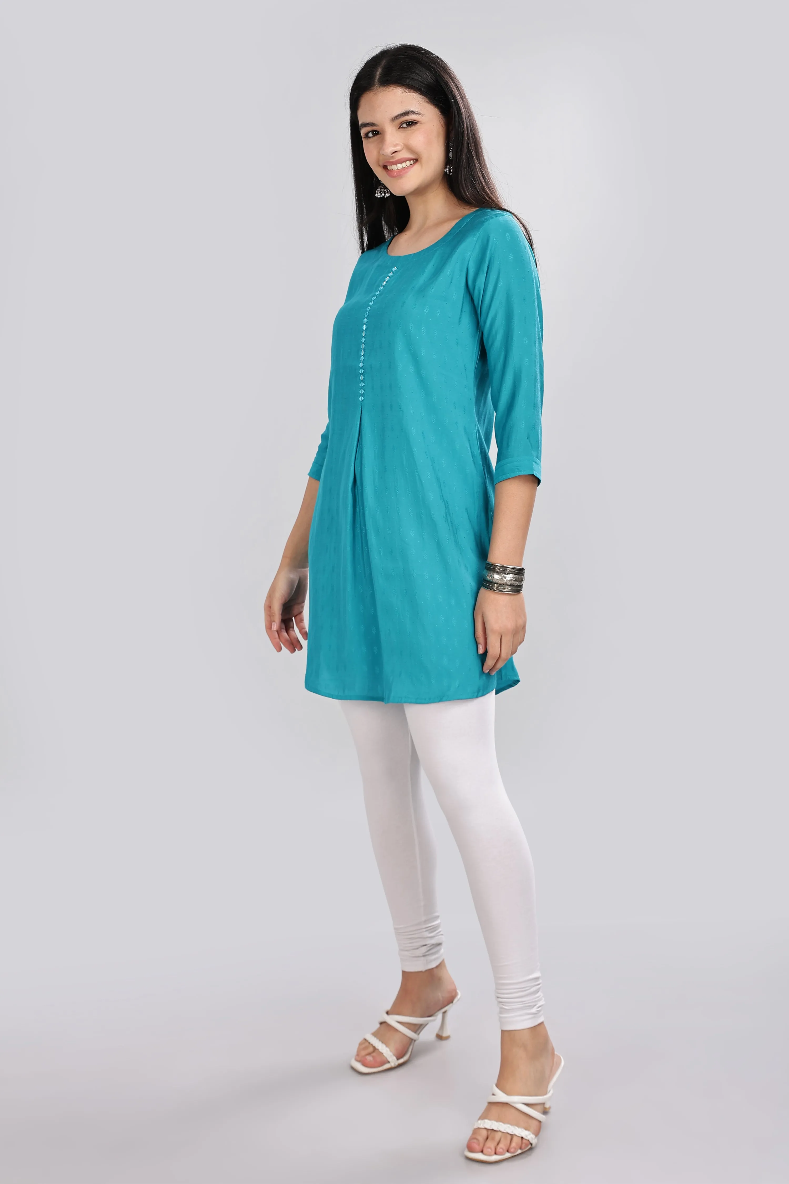 Mythri Round Neck Embroidered Top With 3/4th Sleeve  - Teal - TO17