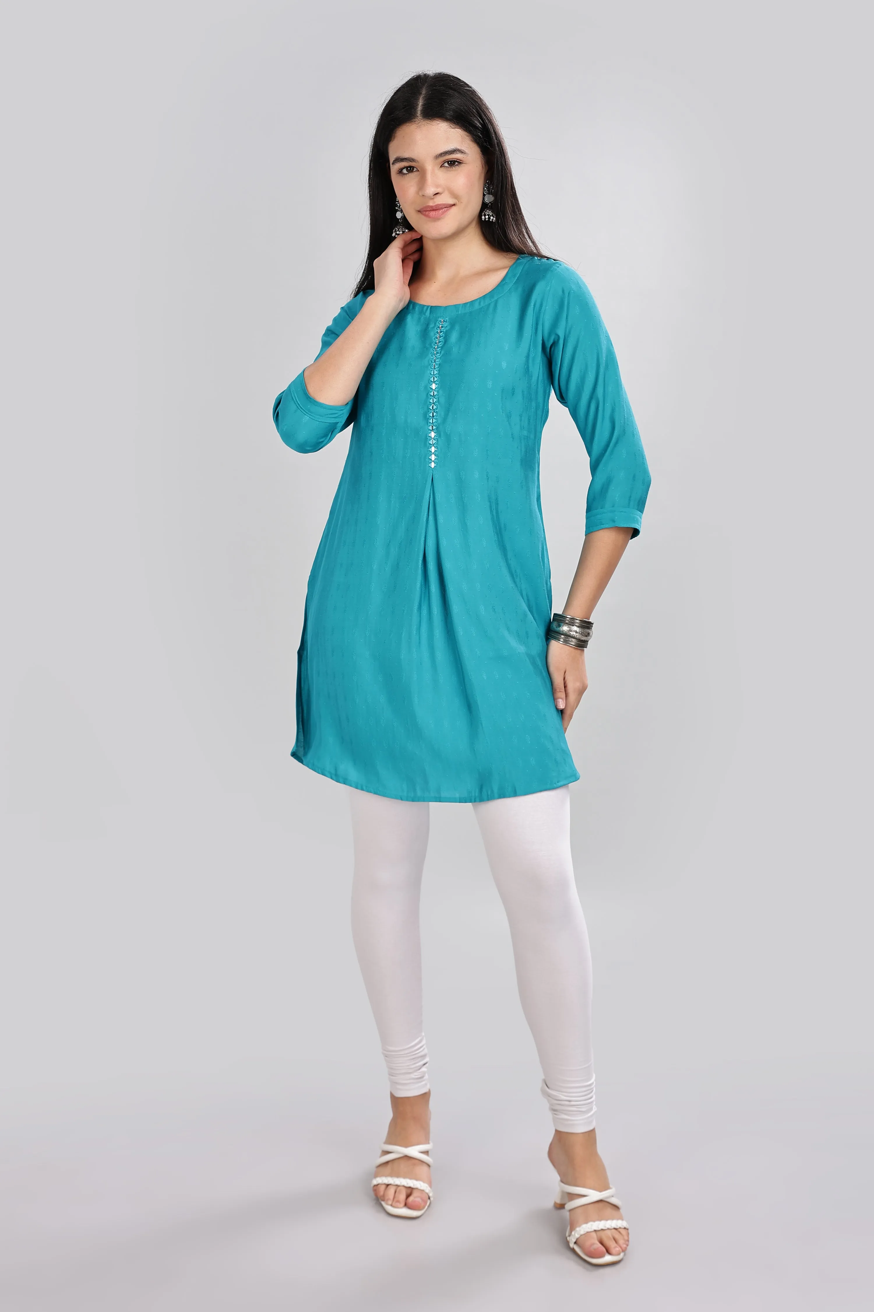 Mythri Round Neck Embroidered Top With 3/4th Sleeve  - Teal - TO17