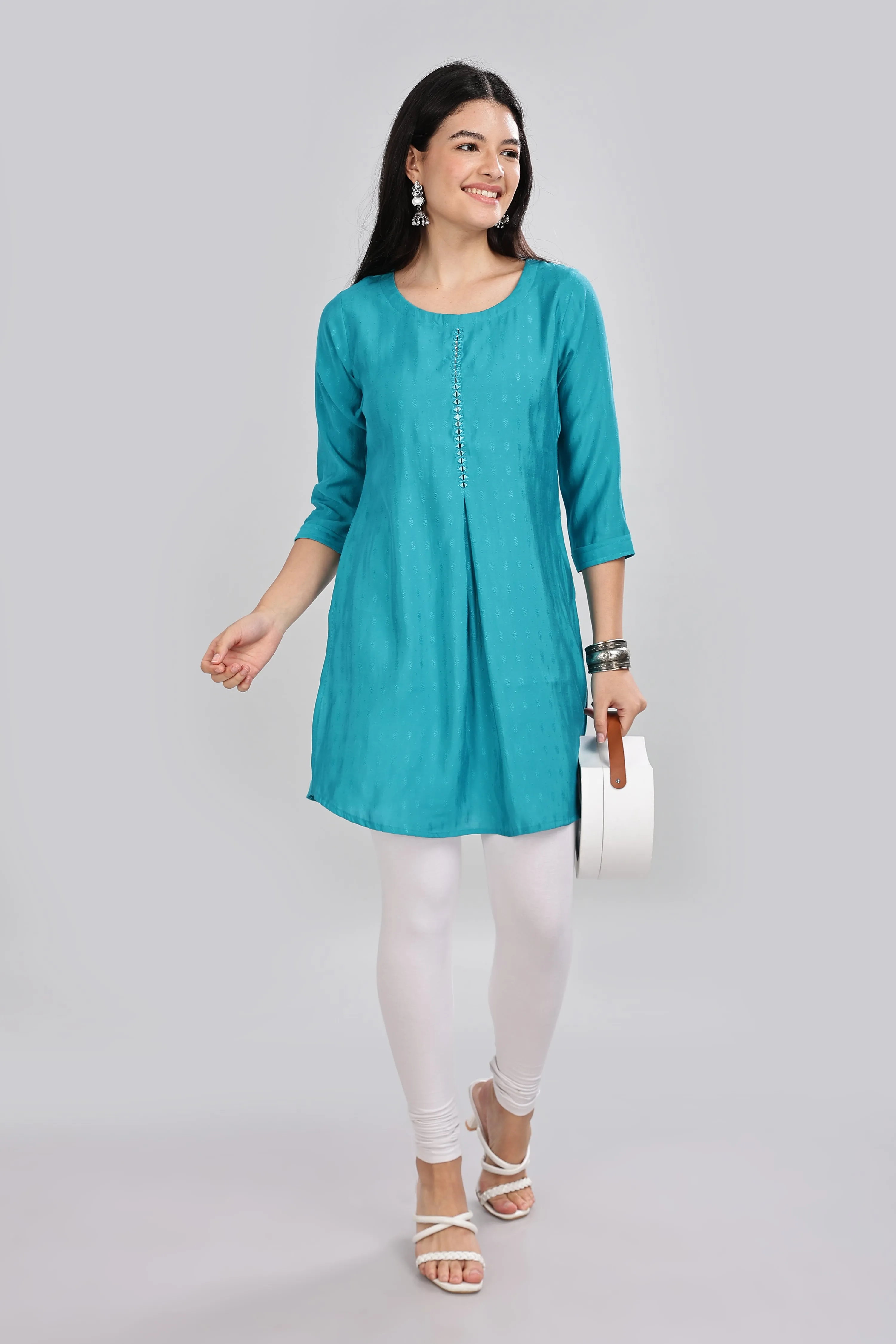 Mythri Round Neck Embroidered Top With 3/4th Sleeve  - Teal - TO17