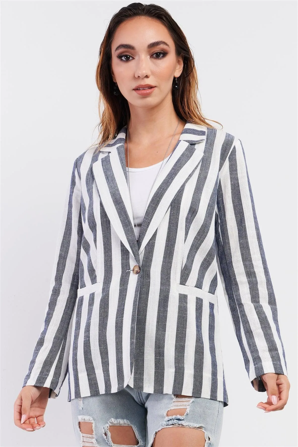 Navy White Striped Single Breasted Blazer /1-2-2-1