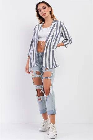 Navy White Striped Single Breasted Blazer /1-2-2-1