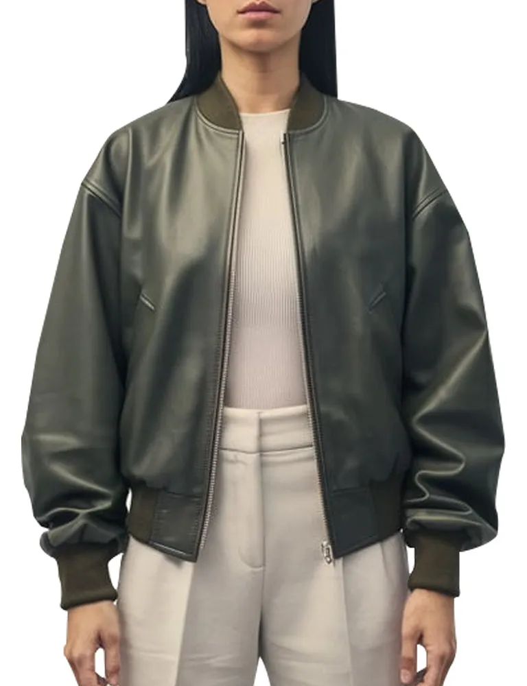 Olive Green Leather Bomber Jacket For Women