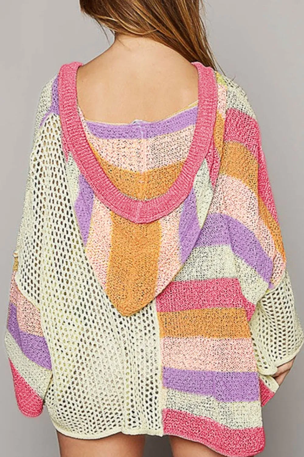 Openwork Color Block Hooded Sweater