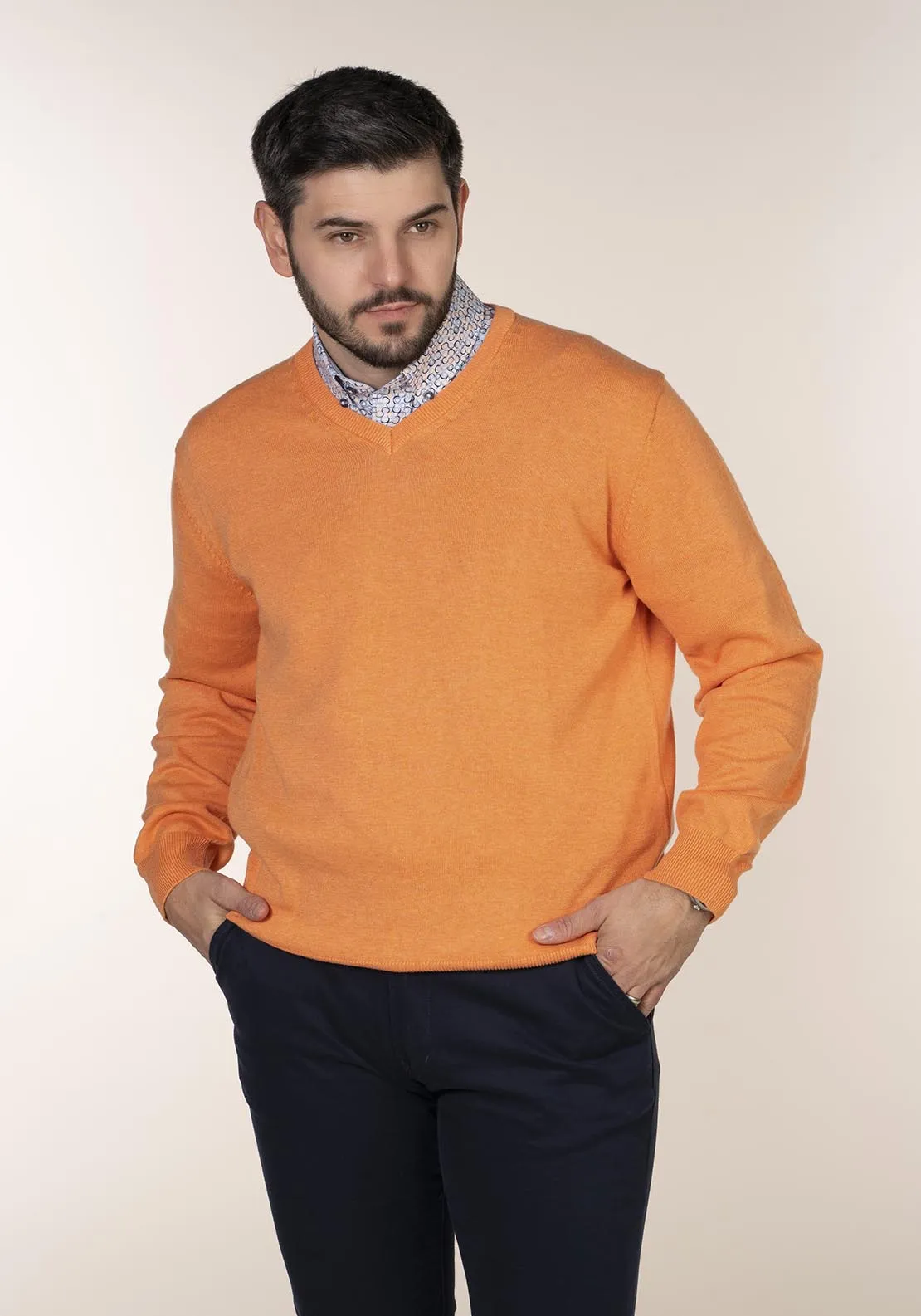 Plain Cotton V Neck Sweaters Orange