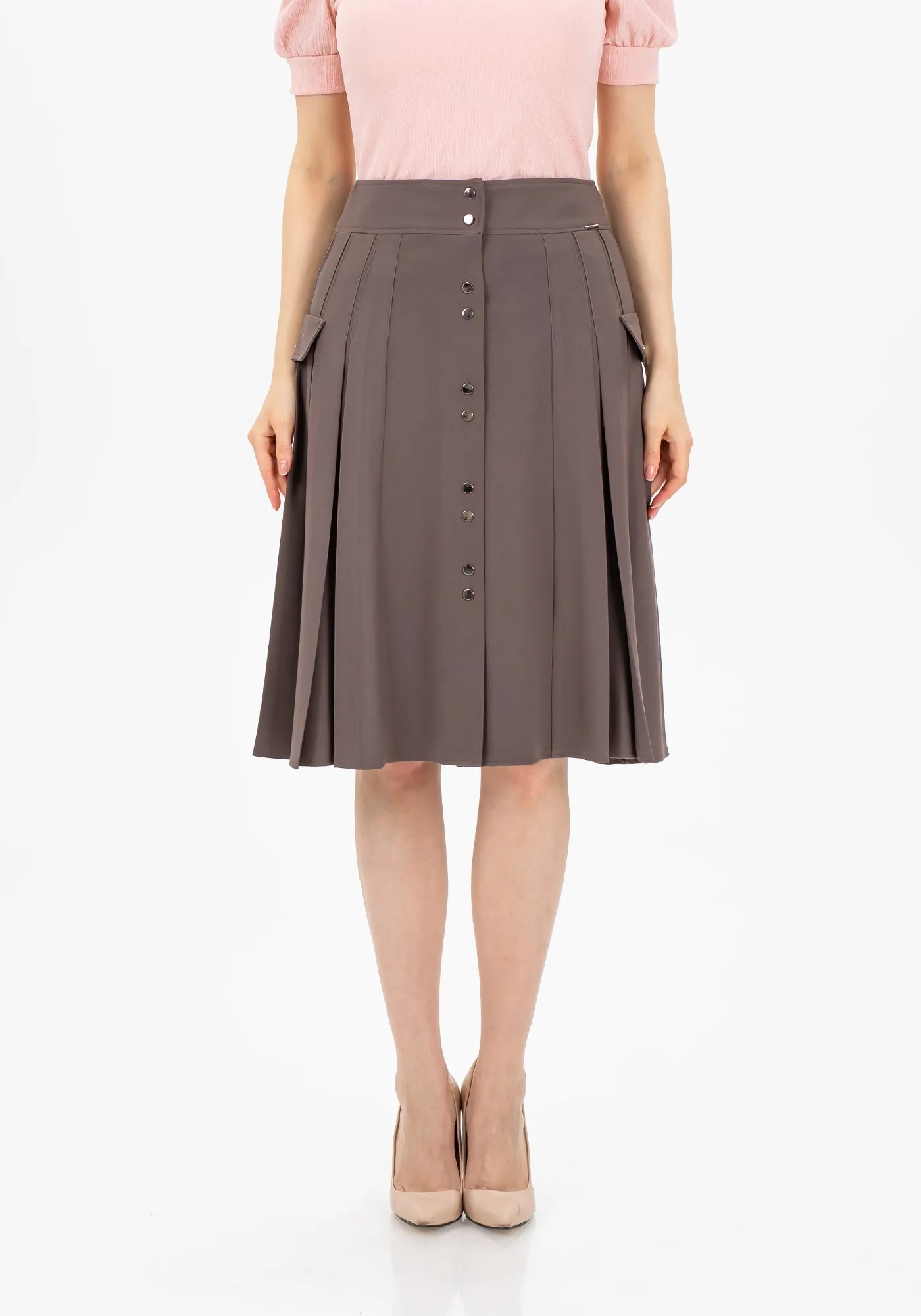 Pleated Button-Front Mink Midi Skirt