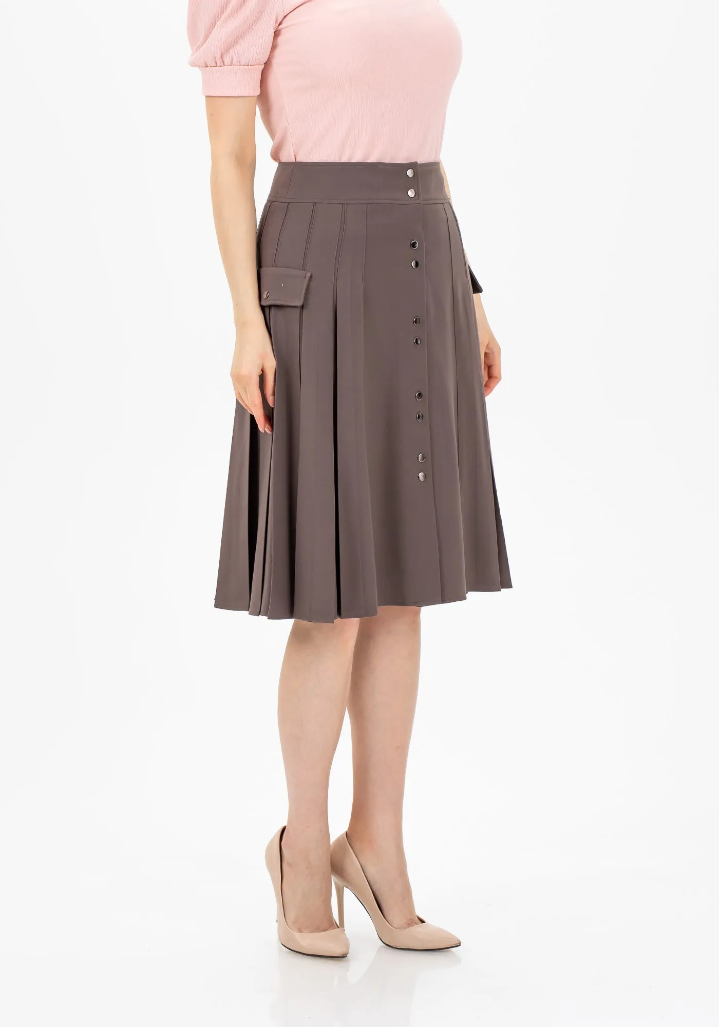 Pleated Button-Front Mink Midi Skirt