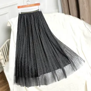 Pleated Mesh Skirt Women Mid-Length Elegant Slim Look A-Line Fairy Dress Skirt