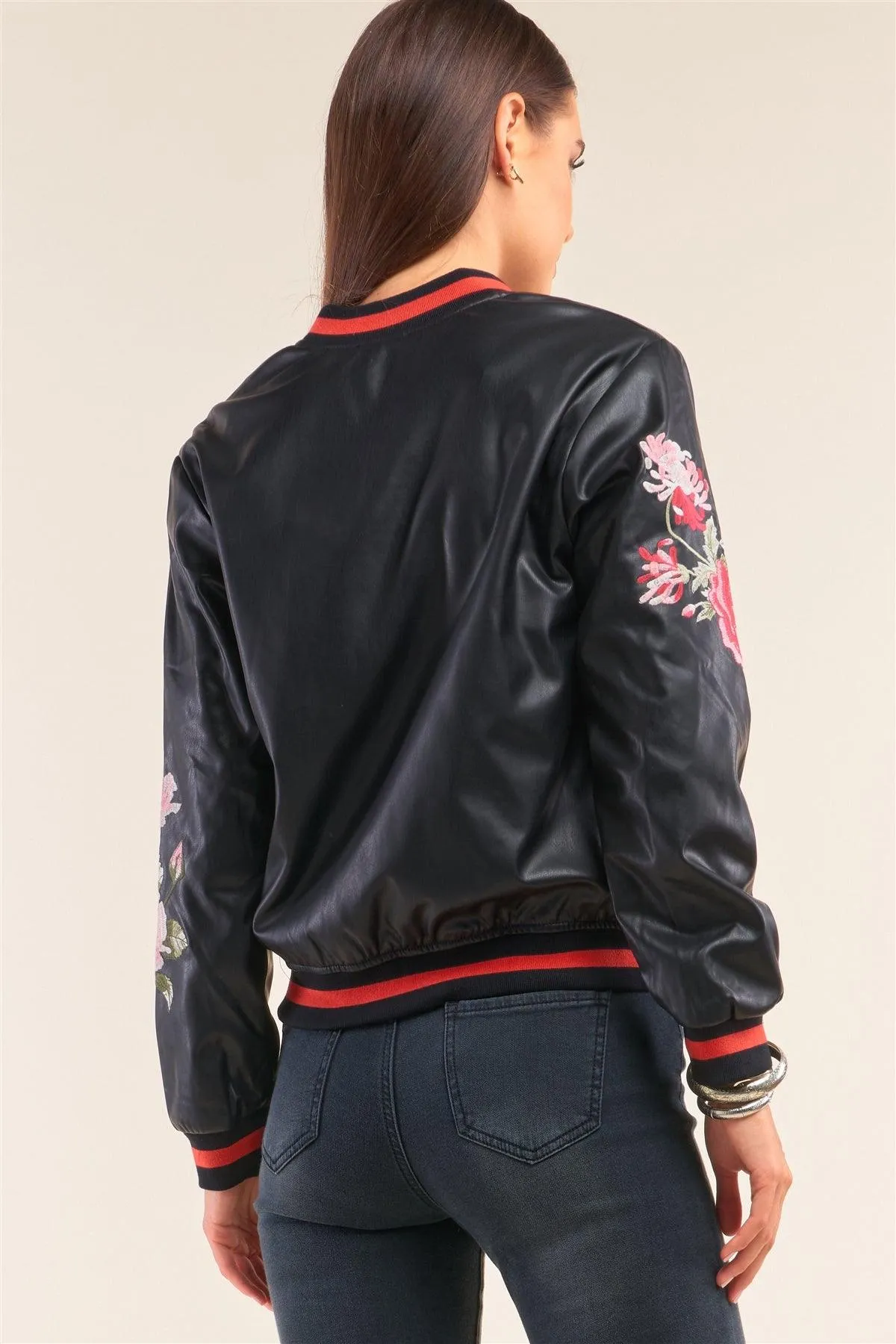 Rosa Black Vegan Leather Floral Embroidery Striped Hem Bomber Jacket /1-2-2-1